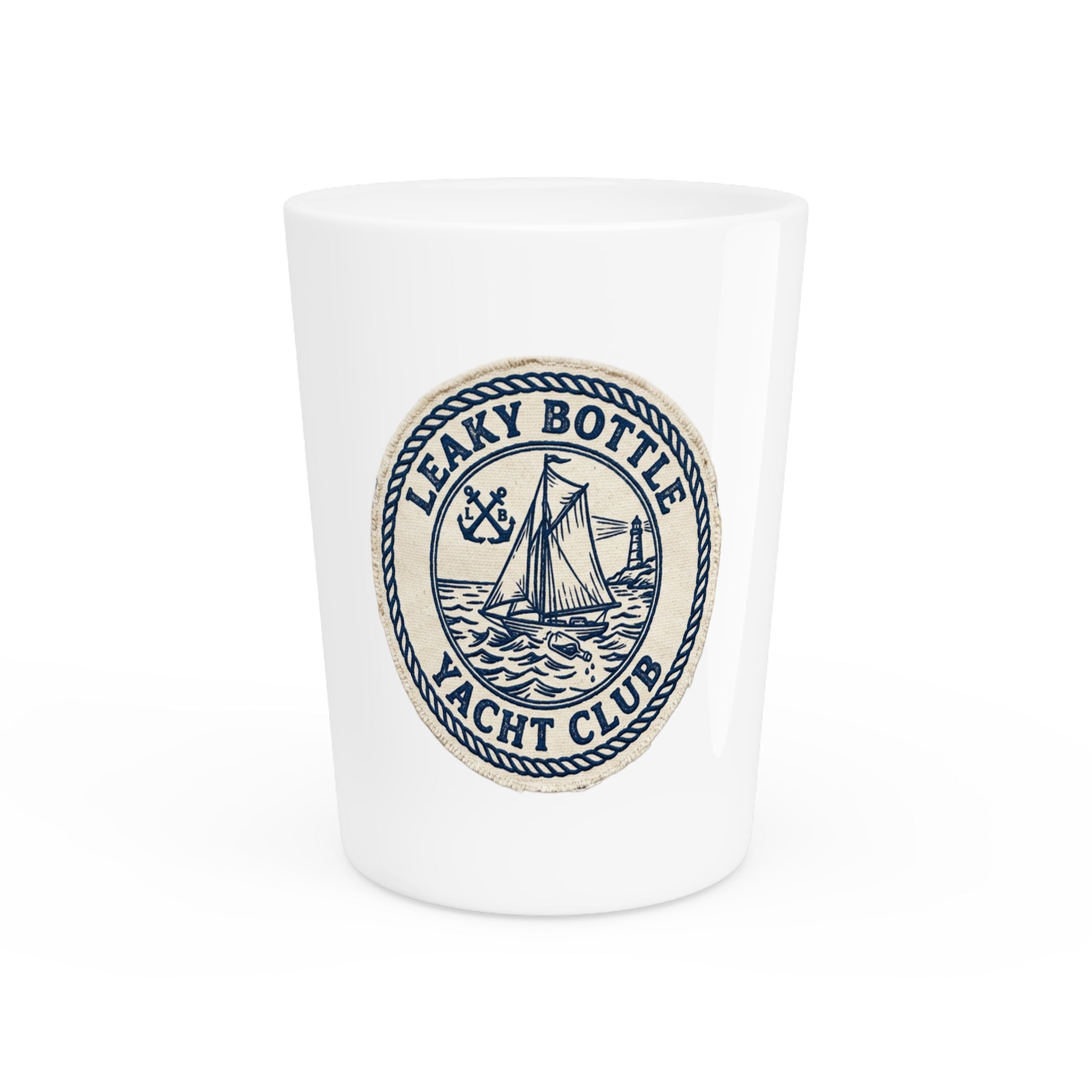Leaky Bottle Yacht Club Shot Glass – Nautical Sailing Emblem Bar Glassware