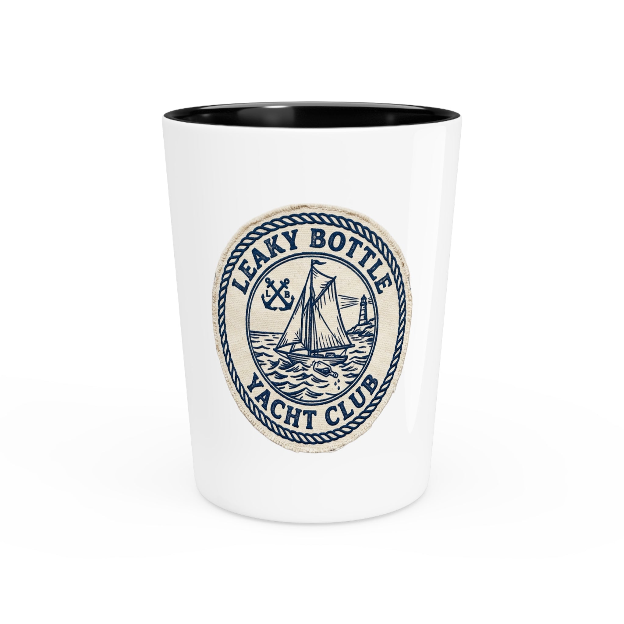 Leaky Bottle Yacht Club Shot Glass – Nautical Sailing Emblem Bar Glassware